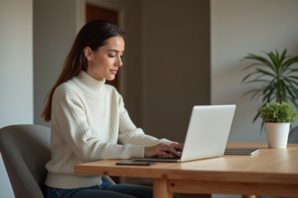 Femme au domicile remplissant un formulaire d'annulation en ligne