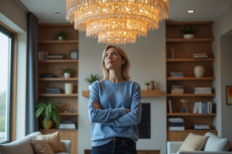 Femme pensante regardant un chandelier en métal brillant