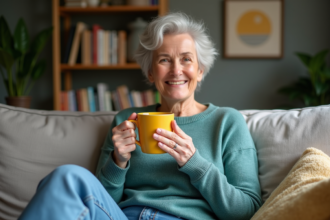 Femme assise sur un canapé dans un salon cosy avec tasse jaune