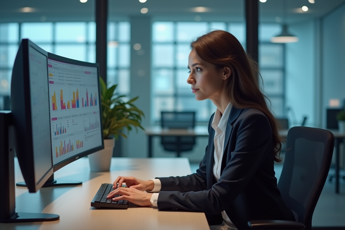 Femme d'affaires analysant des données sur un ordinateur
