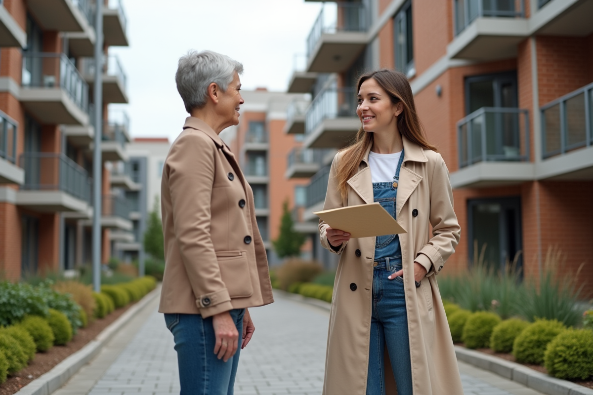 Jeune femme en trench discutant devant un immeuble neuf