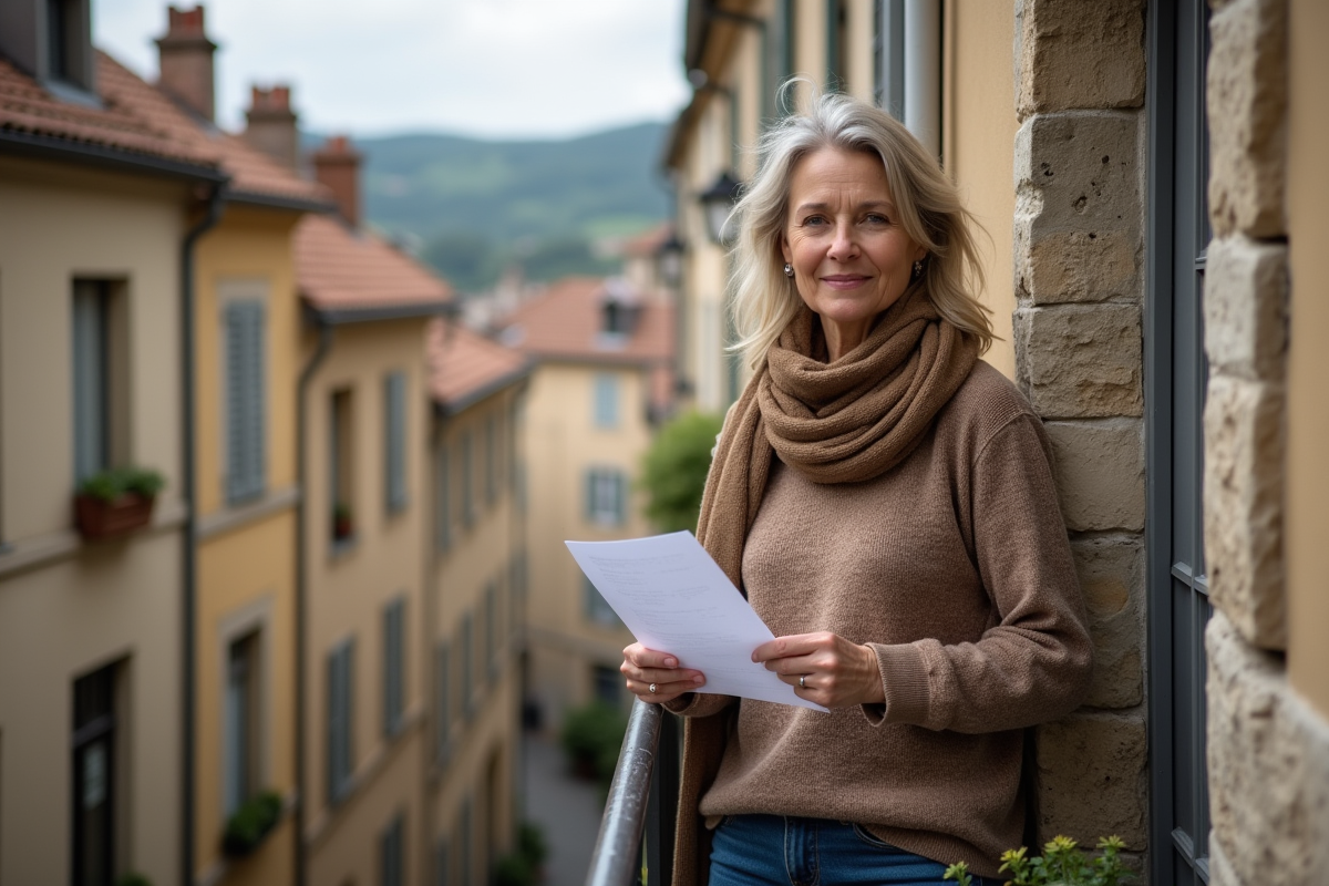 Femme française debout sur un balcon ancien avec lettre