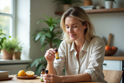 Femme méditant avec une tincture d'herbes dans la cuisine