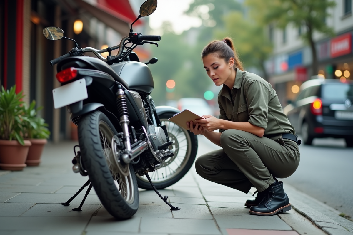 Mecanicienne inspectant une moto sur le trottoir urbain