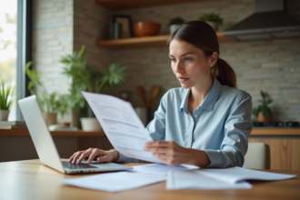 Femme en intérieur moderne examinant des documents de prêt immobilier