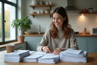 Femme organisée avec des papiers dans une cuisine moderne