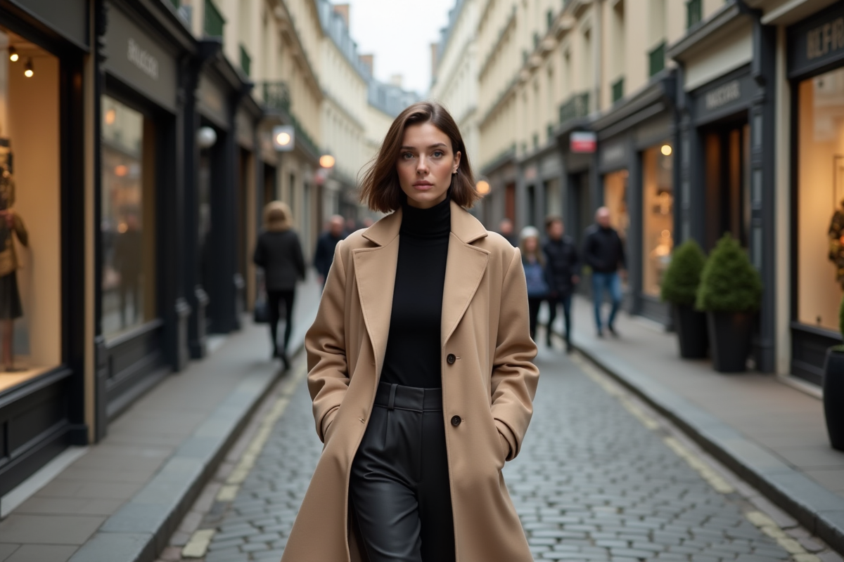 Jeune femme parisienne marchant dans une rue de boutique
