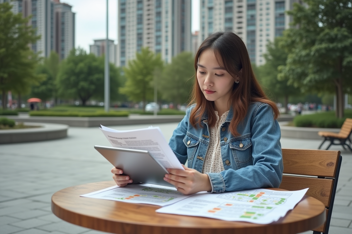 Jeune femme en terrasse de café avec documents urbains