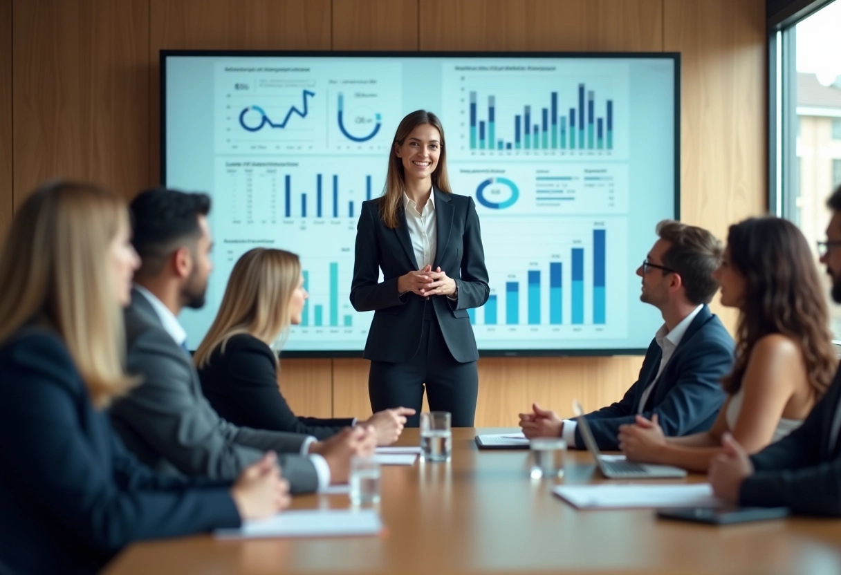 Femme en réunion présentant des données