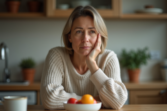 Femme pensive dans une cuisine chaleureuse avec fruits