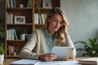 Femme d'âge moyen examinant des documents de retraite à domicile