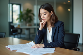 Femme professionnelle examine des documents confidentiels au bureau