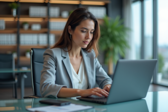 Femme concentrée utilisant une clé USB cryptée dans un bureau moderne