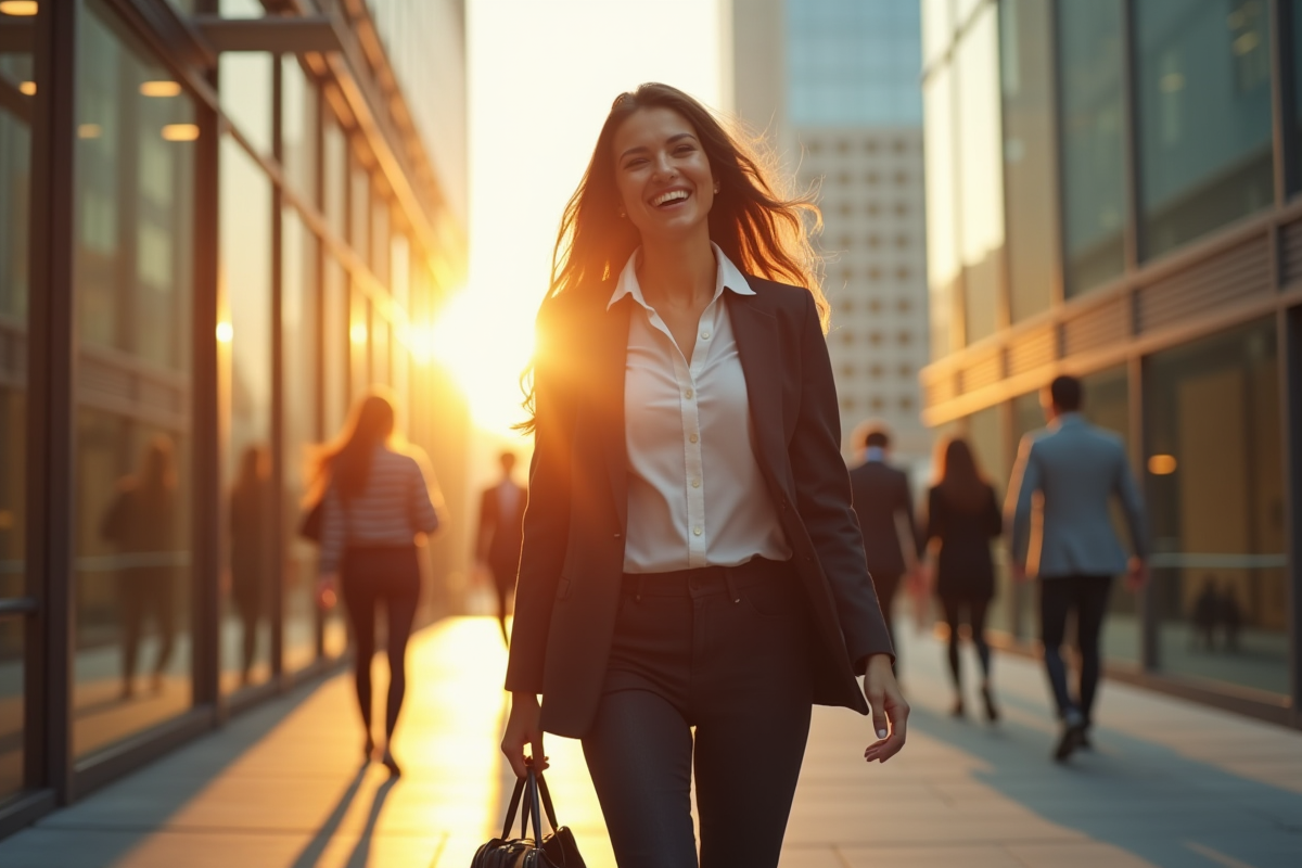 Femme souriante quittant le bureau en après-midi en ville