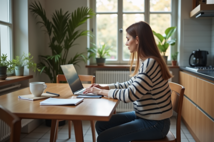 Femme travaillant à la maison sur un ordinateur portable