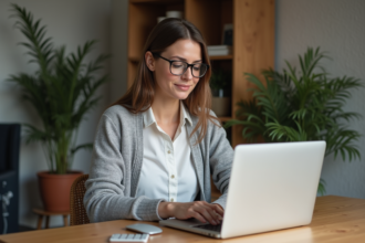 Femme concentrée travaillant sur son ordinateur portable à la maison