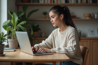 Jeune femme concentrée travaillant sur son ordinateur à la maison