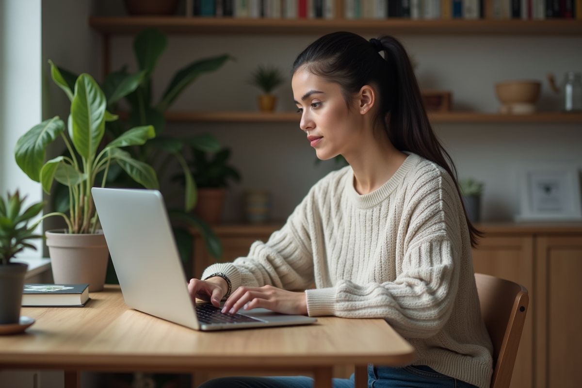 Jeune femme concentrée travaillant sur son ordinateur à la maison