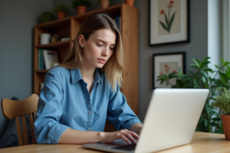 Jeune femme vérifiant ses paramètres de confidentialité sur son ordinateur