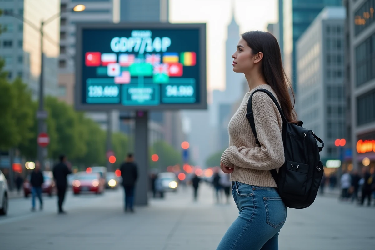 Jeune femme regardant un panneau digital avec des chiffres économiques