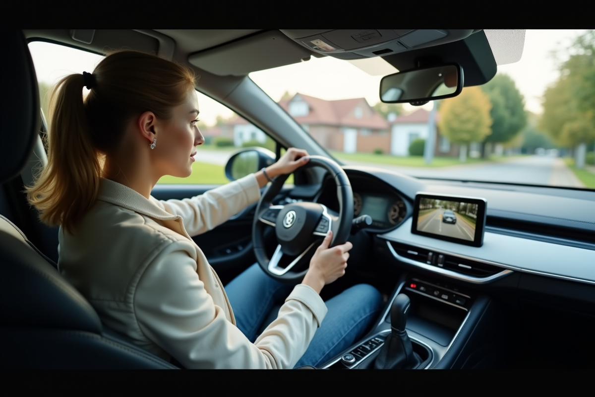 Jeune femme dans la voiture regardant l