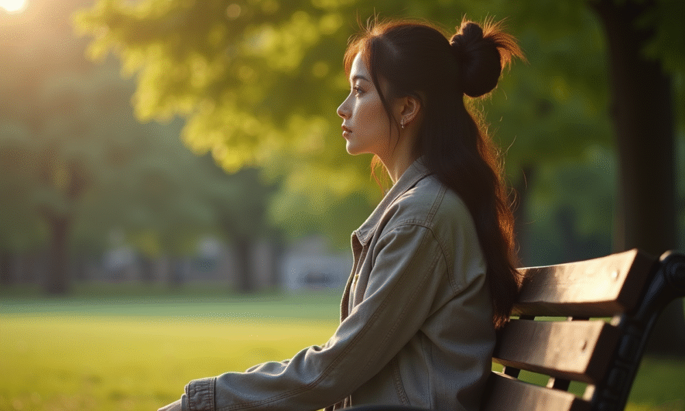 Jeune femme assise seule sur un banc dans un parc en journée