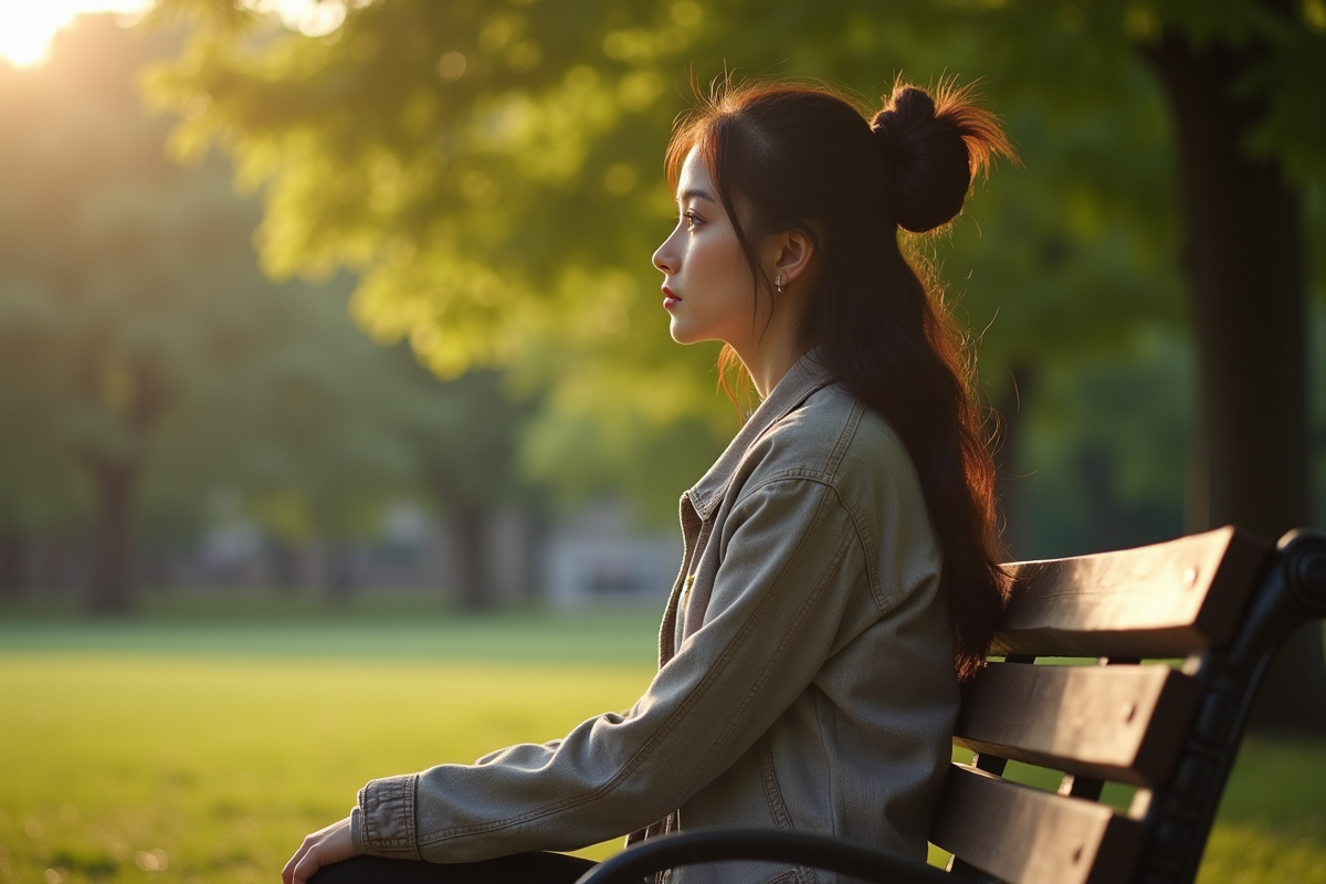 Jeune femme assise seule sur un banc dans un parc en journée