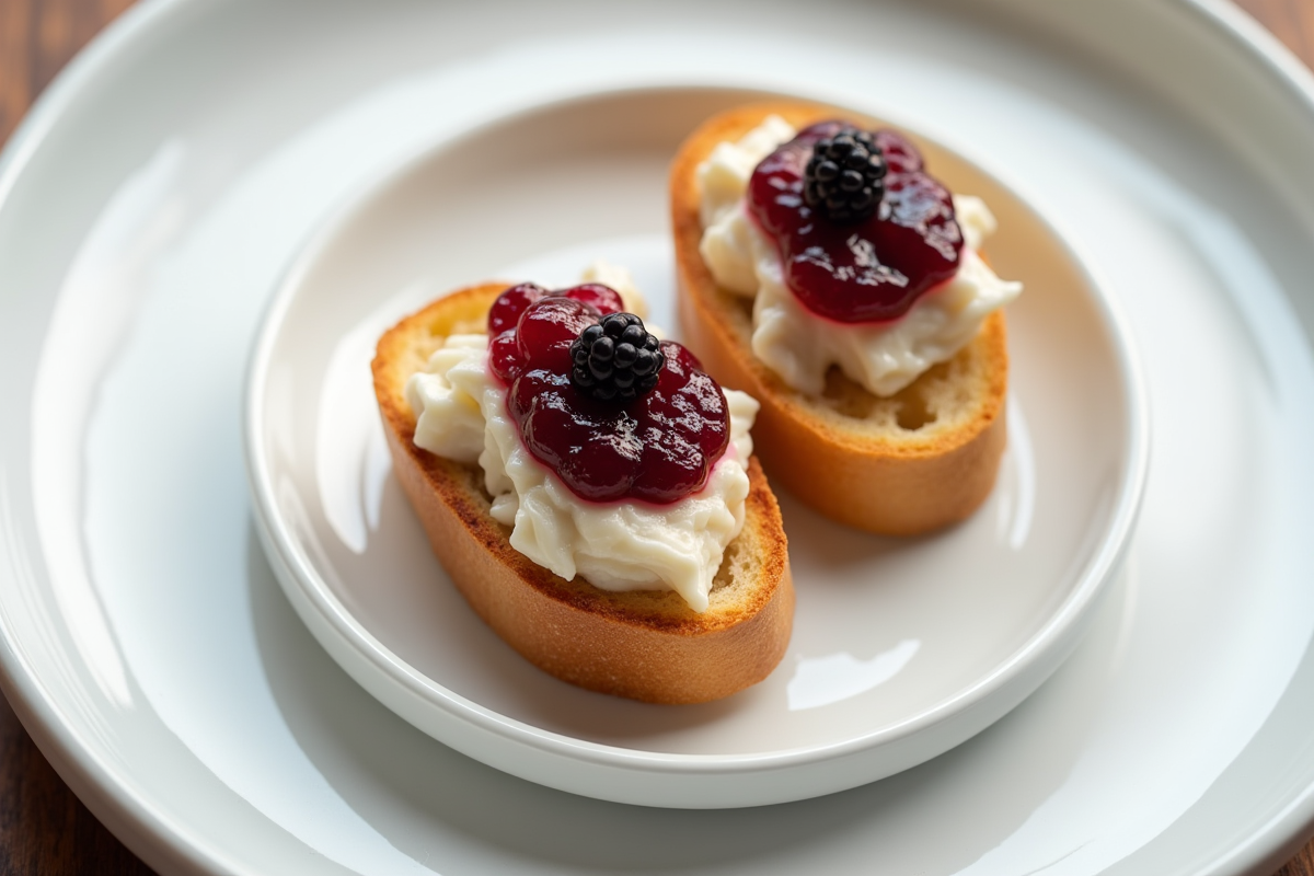 Tartines de foie gras sur brioche avec confiture de fruits rouges