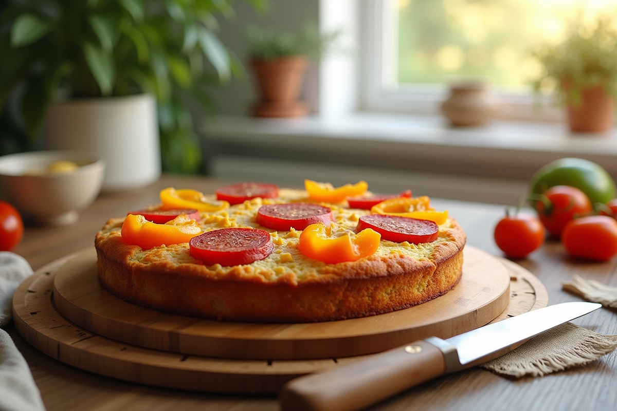 Gâteau salé aux poivrons et chorizo frais sur planche en cuisine
