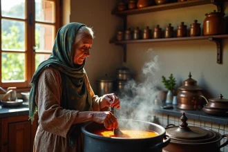Bol de chorba tunisienne fumante garnie d'herbes fraîches et d'épices
