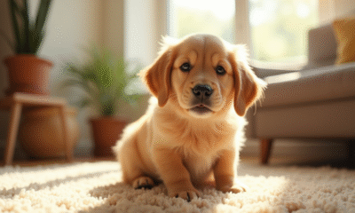 Chien golden retriever assis dans un salon ensoleille