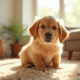 Chien golden retriever assis dans un salon ensoleille