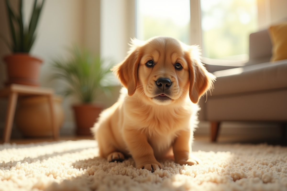 Chien golden retriever assis dans un salon ensoleille