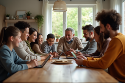 Famille diverse utilisant smartphones autour d'une table