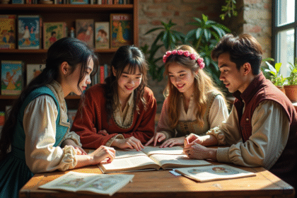 Groupe de jeunes adultes en vêtements fantasy autour de livres manga