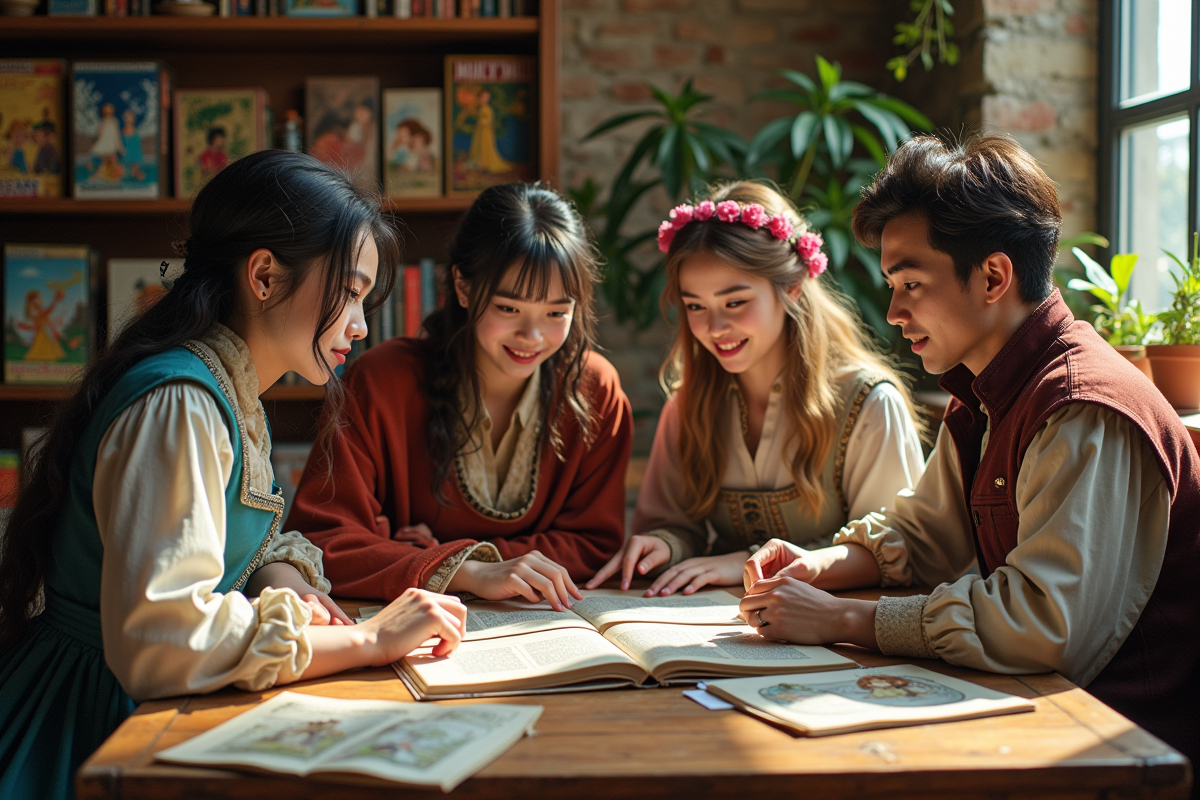 Groupe de jeunes adultes en vêtements fantasy autour de livres manga