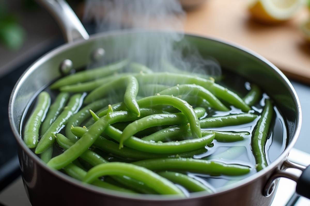Haricots verts frais blanchis dans l'eau bouillante