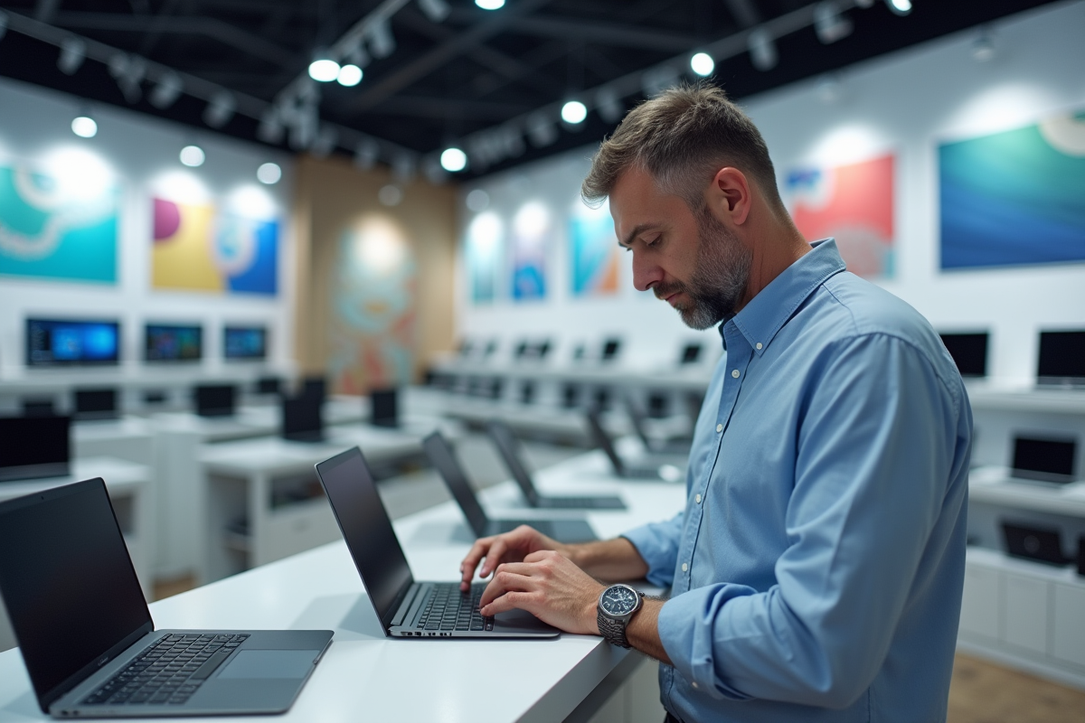 Homme examinant un ordinateur portable dans un magasin d