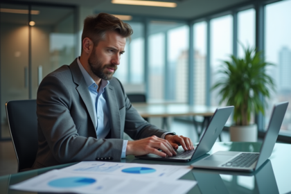 Homme d'affaires en costume gris travaillant sur un bureau moderne