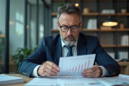 Homme d'affaires en costume analysant des graphiques économiques