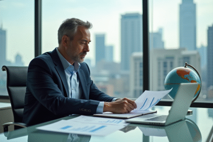 Homme d'affaires en costume étudiant un graphique dans son bureau