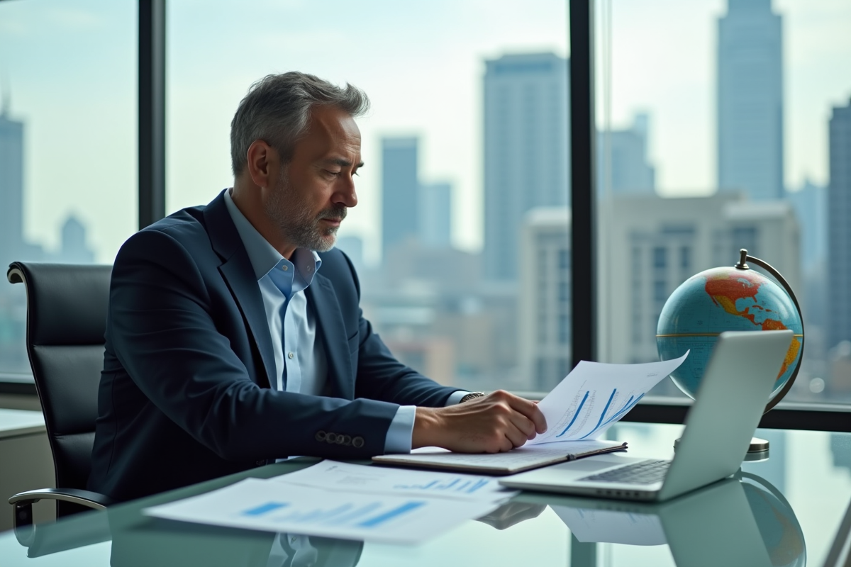 Homme d'affaires en costume étudiant un graphique dans son bureau