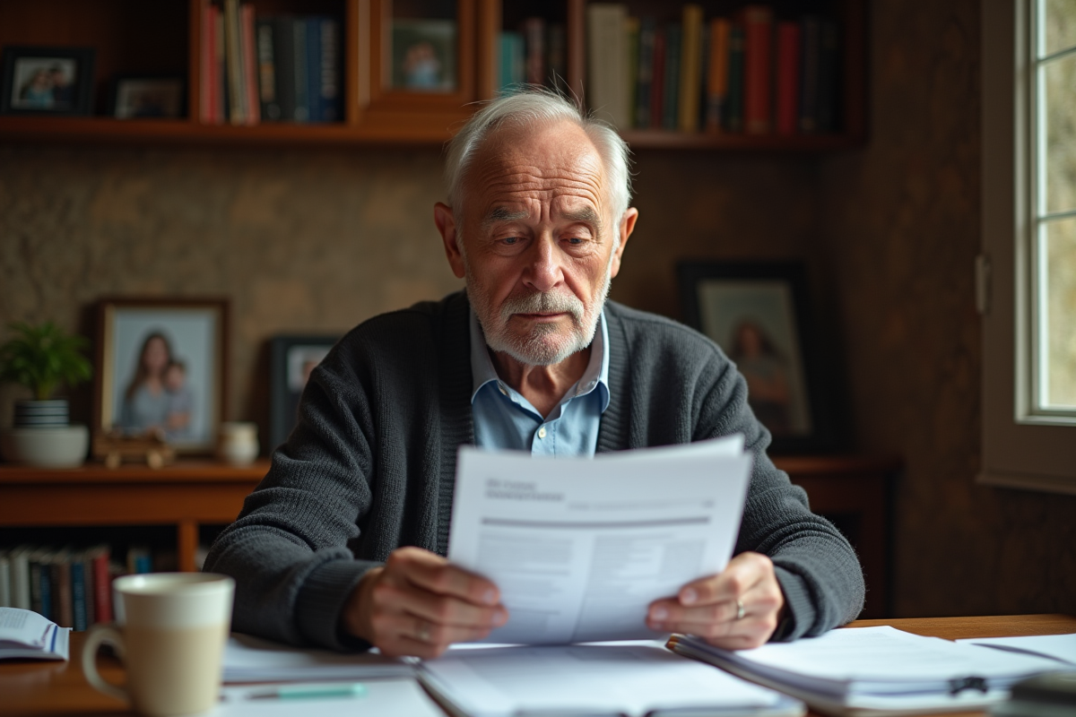 Homme agee examinant des documents fiscaux dans son intérieur