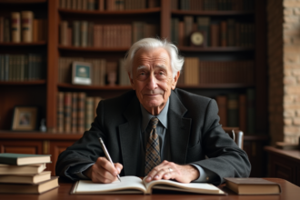 Homme âgé en costume écrivant dans un journal dans un bureau ancien