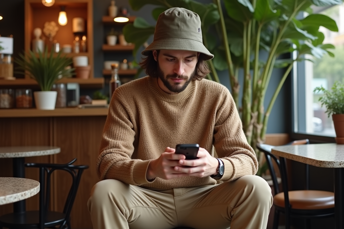 Jeune homme en café avec sweater et chapeau