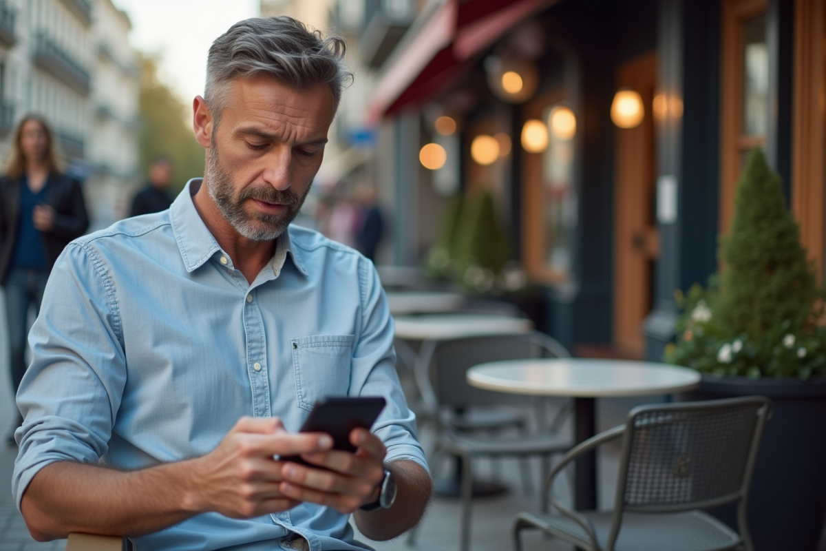 Homme au café utilisant son smartphone pour annuler un abonnement
