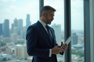 Homme d'affaires en costume bleu analysant des données immobilières