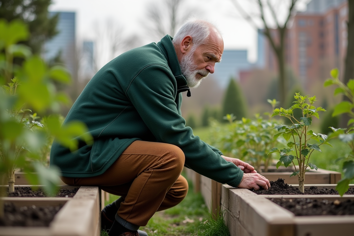 Homme âgé prenant soin de jeunes plants dans un jardin communautaire