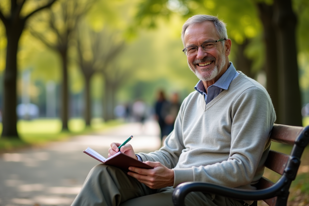 Homme senior souriant écrivant ses projets dans un parc ensoleillé