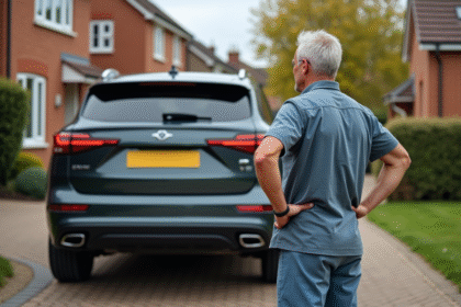 Homme regardant le SUV avec caméra de recul visible